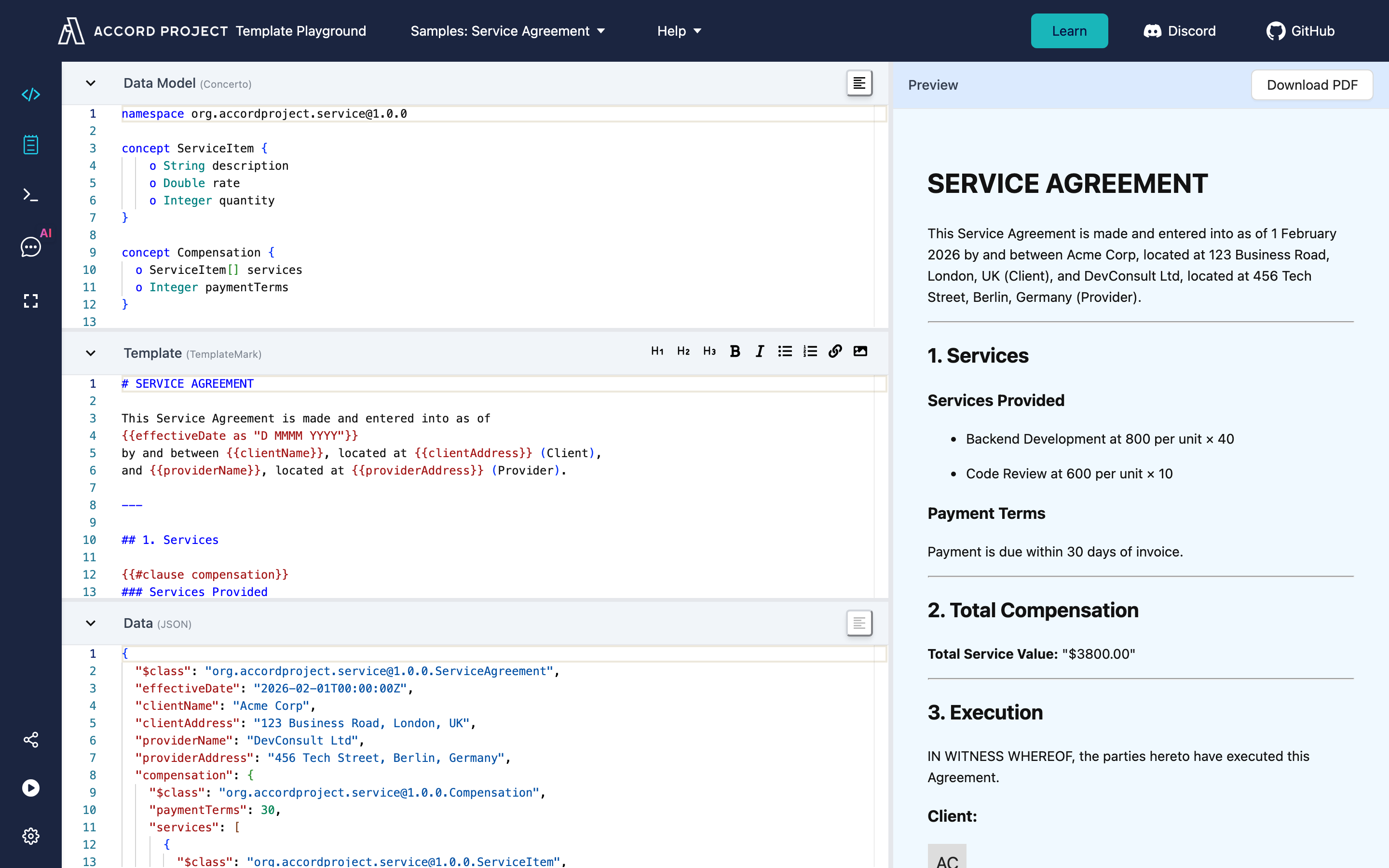 The Service Agreement sample open in Template Playground: the Data Model (Concerto), Template (TemplateMark), and Data (JSON) panels on the left, with a live preview of the rendered agreement on the right.